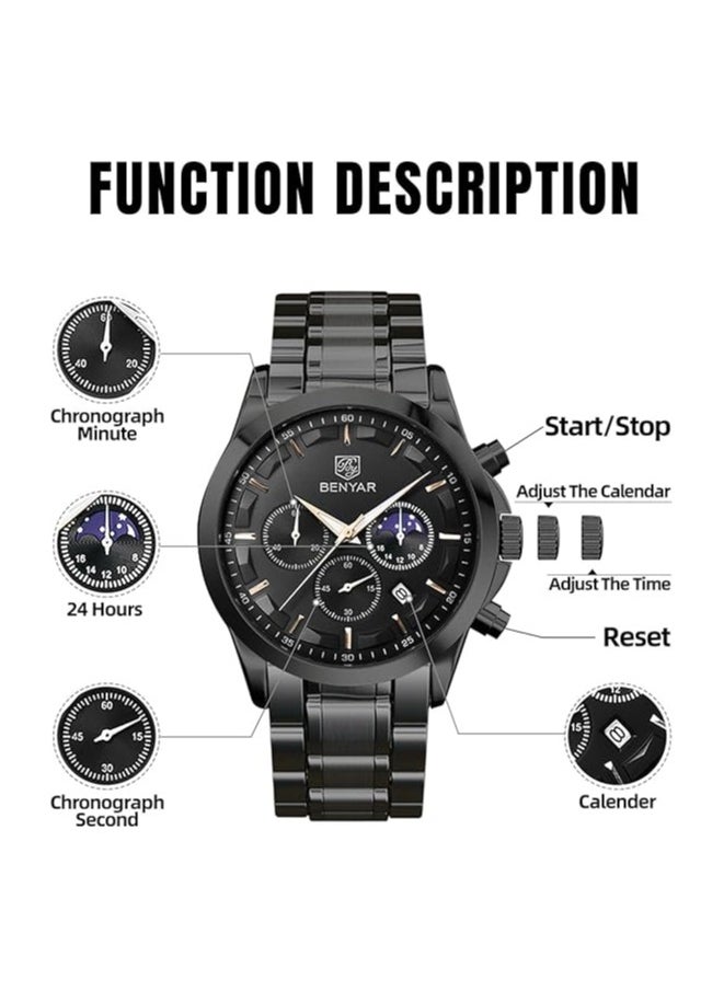 Mens Watches Multifunction Chronograph Date Quartz Watch for Men Black Stainless Steel Band Analog Wrist Watch Gift for Men Casual Business