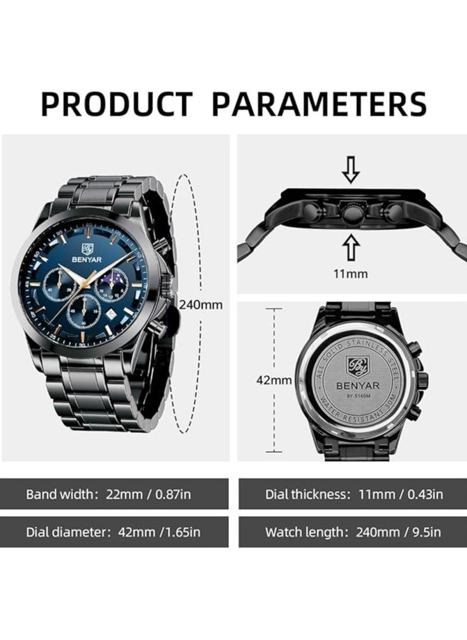 Mens Watches Multifunction Chronograph Date Quartz Watch for Men Black Stainless Steel Band Analog Wrist Watch Gift for Men Casual Business 5160BKBU