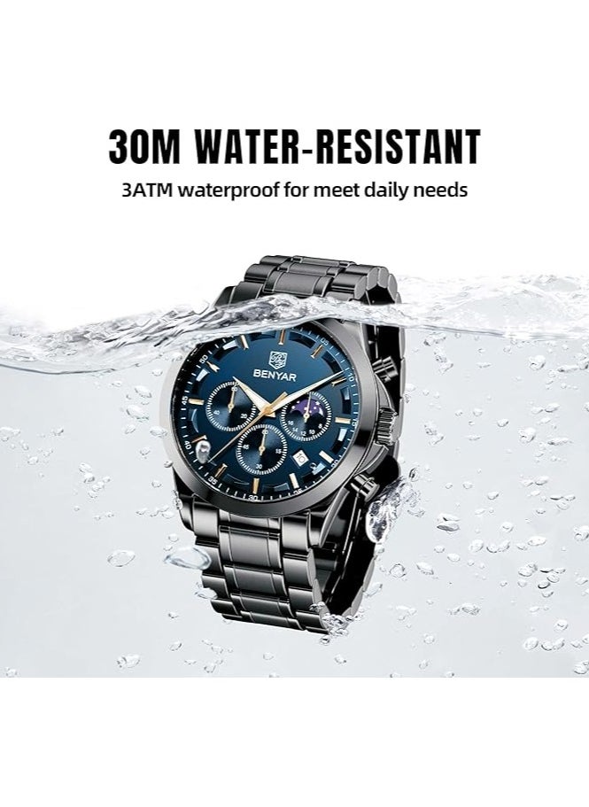 Mens Watches Multifunction Chronograph Date Quartz Watch for Men Black Stainless Steel Band Analog Wrist Watch Gift for Men Casual Business 5160BKBU