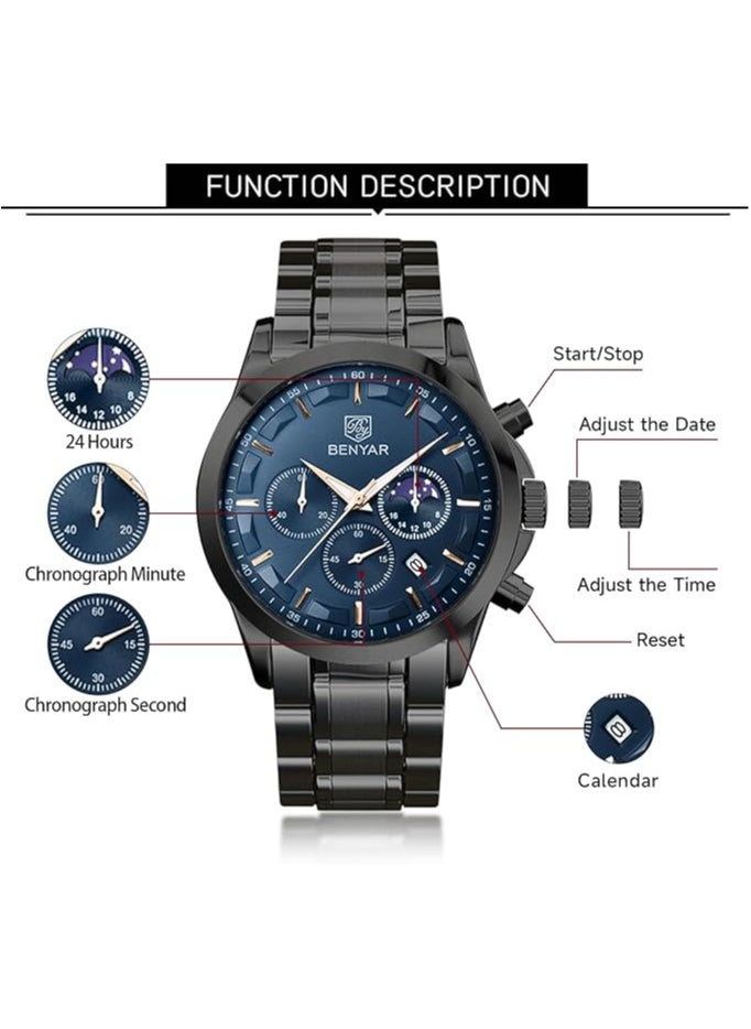 Mens Watches Multifunction Chronograph Date Quartz Watch for Men Black Stainless Steel Band Analog Wrist Watch Gift for Men Casual Business 5160BKBU