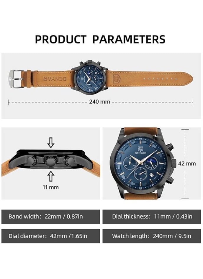 Mens Watches Multifunction Chronograph Date Quartz Watch for Men Brown Leather Band Analog Wrist Watch Gift for Men Casual Business