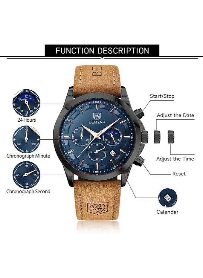 Mens Watches Multifunction Chronograph Date Quartz Watch for Men Brown Leather Band Analog Wrist Watch Gift for Men Casual Business