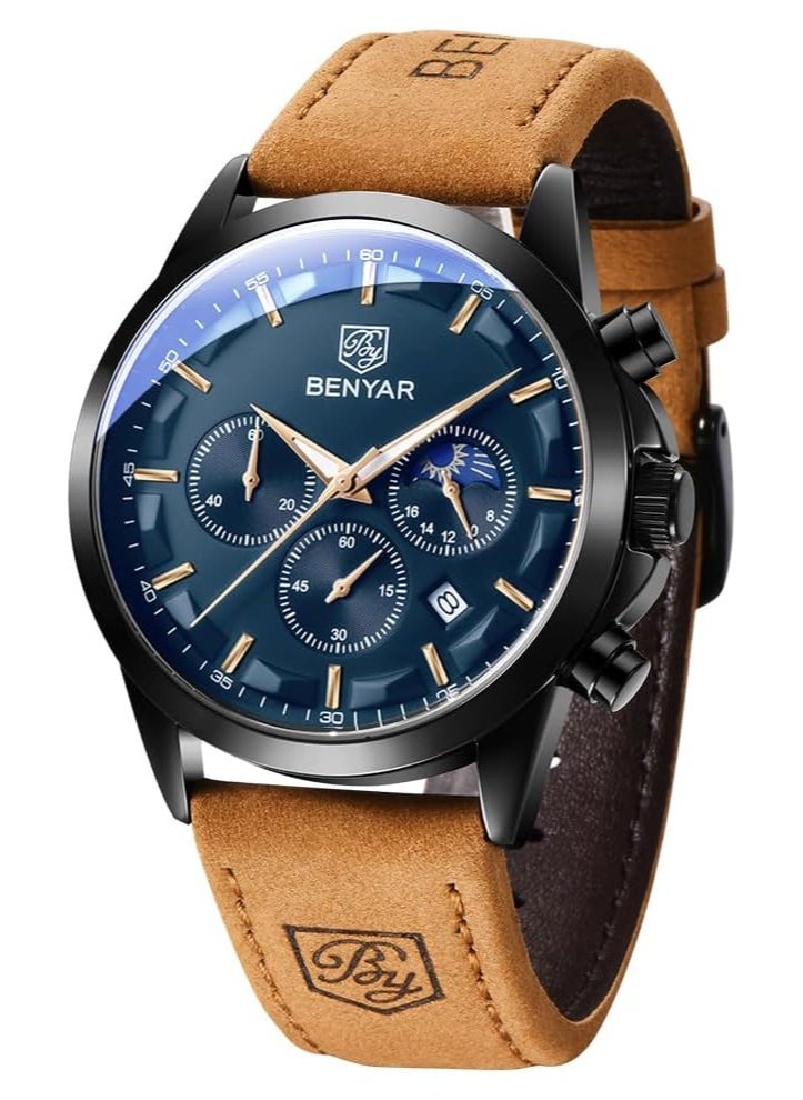 Mens Watches Multifunction Chronograph Date Quartz Watch for Men Brown Leather Band Analog Wrist Watch Gift for Men Casual Business