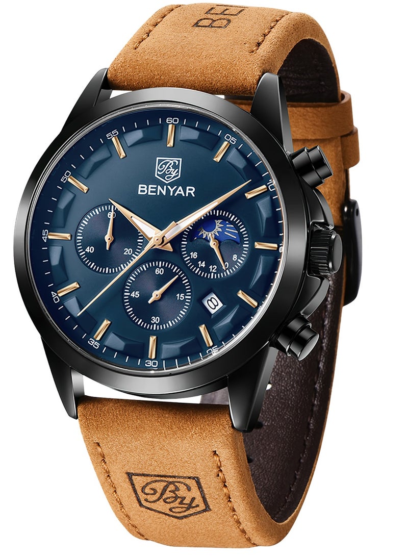 Mens Watches Multifunction Chronograph Date Quartz Watch for Men Brown Leather Band Analog Wrist Watch Gift for Men Casual Business