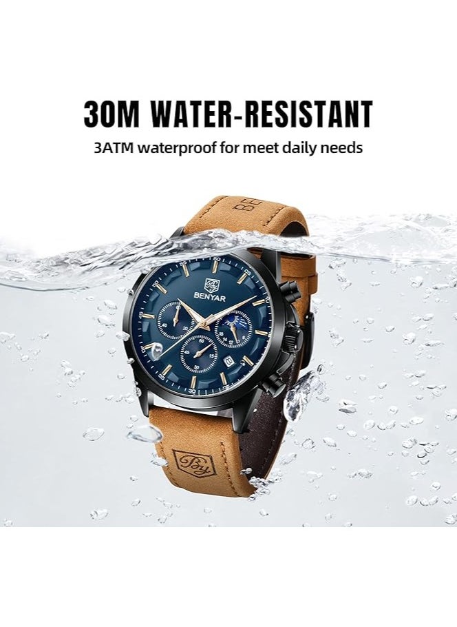 Mens Watches Multifunction Chronograph Date Quartz Watch for Men Brown Leather Band Analog Wrist Watch Gift for Men Casual Business