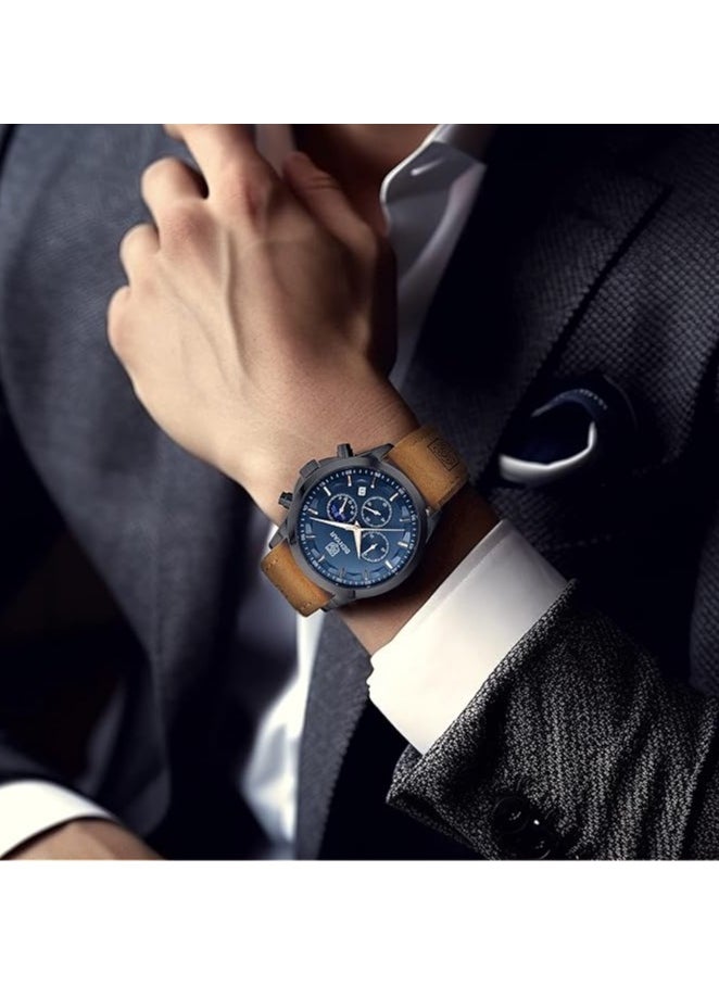 Mens Watches Multifunction Chronograph Date Quartz Watch for Men Brown Leather Band Analog Wrist Watch Gift for Men Casual Business