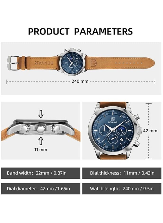 Mens Watches Multifunction Chronograph Date Quartz Watch for Men Brown Leather Band Analog Wrist Watch Gift for Men Casual Business