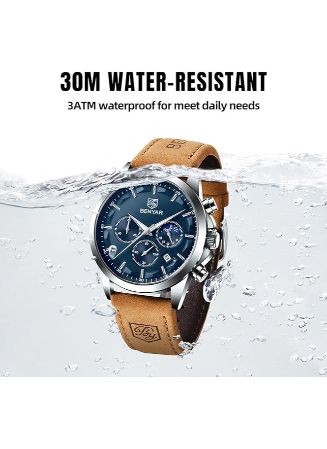 Mens Watches Multifunction Chronograph Date Quartz Watch for Men Brown Leather Band Analog Wrist Watch Gift for Men Casual Business