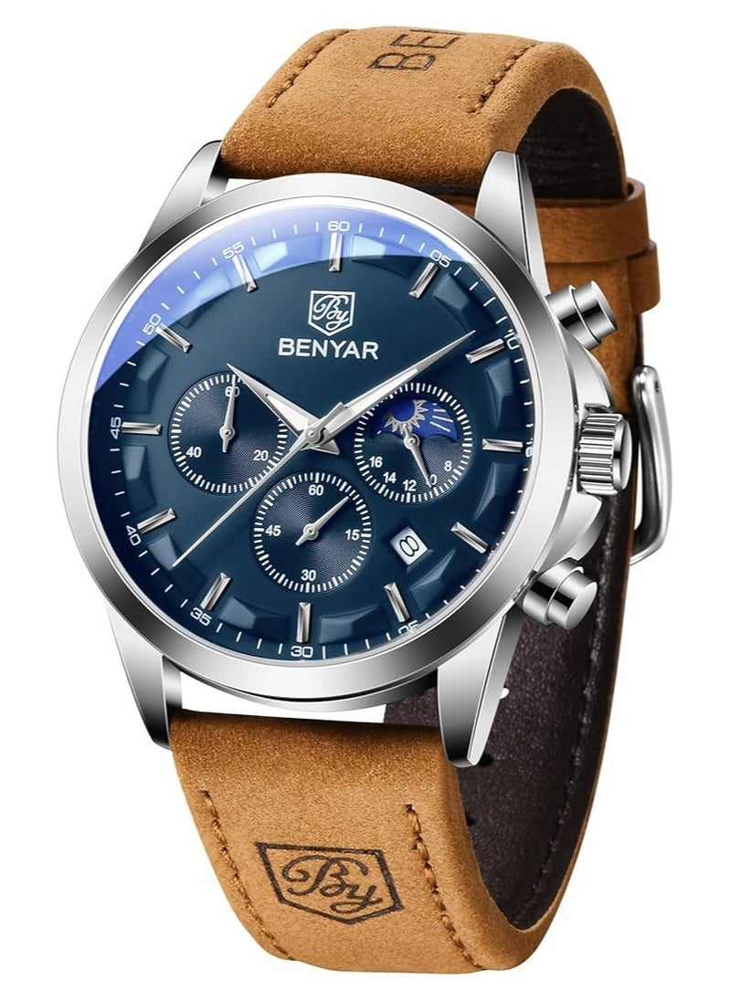 Mens Watches Multifunction Chronograph Date Quartz Watch for Men Brown Leather Band Analog Wrist Watch Gift for Men Casual Business