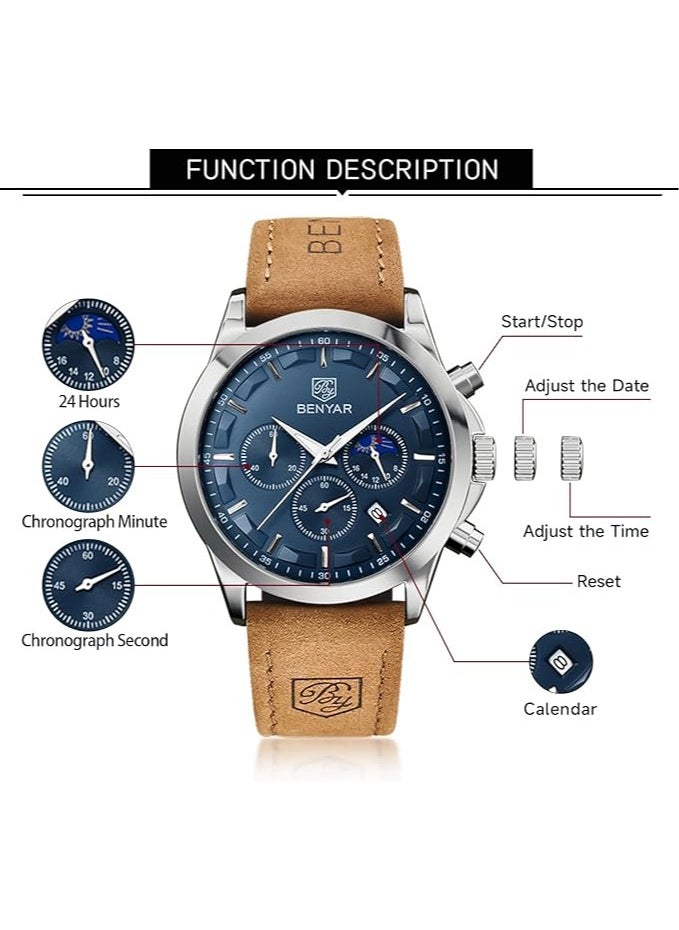 Mens Watches Multifunction Chronograph Date Quartz Watch for Men Brown Leather Band Analog Wrist Watch Gift for Men Casual Business