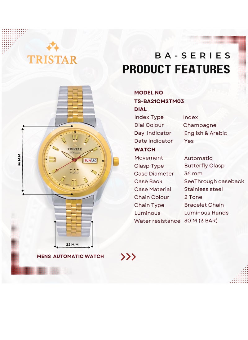 Tristar BA Series Men's Automatic Watch Luminous Index Champagne Dial 2 Tone Bracelet Wrist Watch for Men