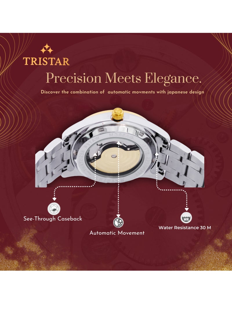 Tristar BA Series Men's Automatic Watch Luminous Index Champagne Dial 2 Tone Bracelet Wrist Watch for Men