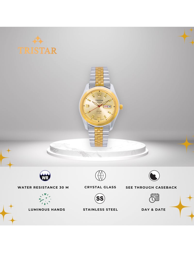 Tristar BA Series Men's Automatic Watch Luminous Index Champagne Dial 2 Tone Bracelet Wrist Watch for Men