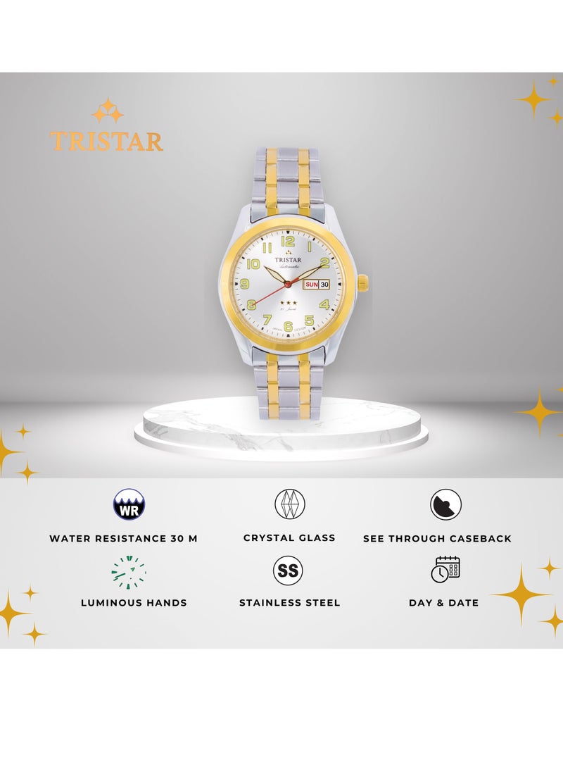 Tristar BA Series Men's Automatic Watch Numeral White Dial 2 Tone Bracelet Wristwatch for Men