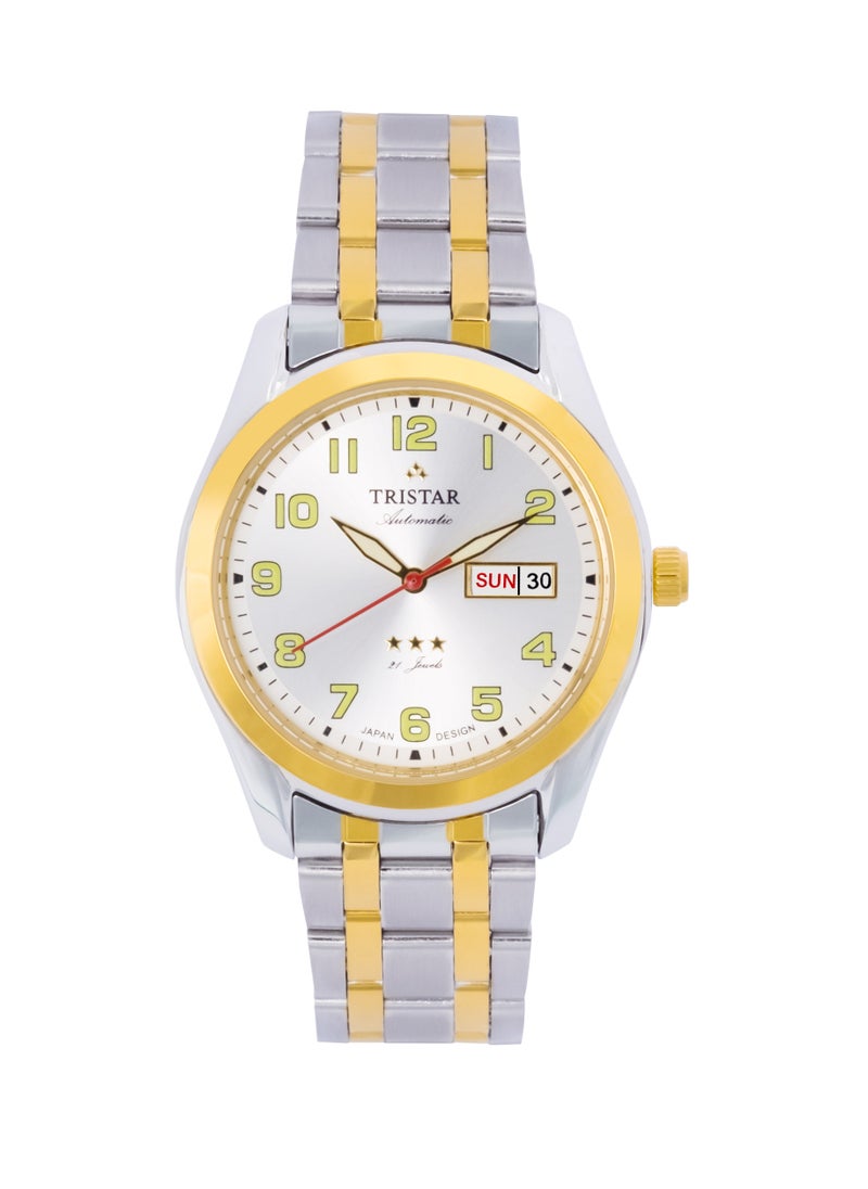 Tristar BA Series Men's Automatic Watch Numeral White Dial 2 Tone Bracelet Wristwatch for Men