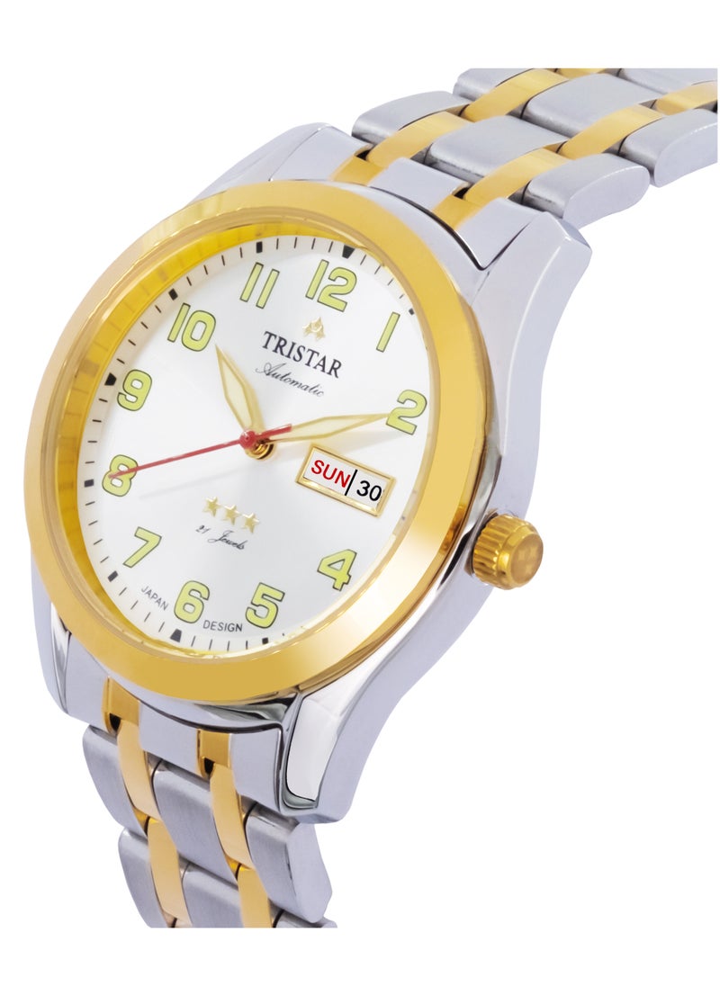 Tristar BA Series Men's Automatic Watch Numeral White Dial 2 Tone Bracelet Wristwatch for Men