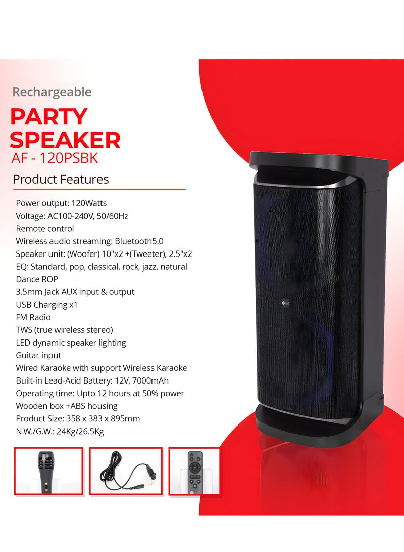 Party Speaker, 120 Watts, 24kg, 7000Ma Battery, Karaoke Mic, LED Speaker Lighting, 2 Years Warranty AF-120PSBK Black