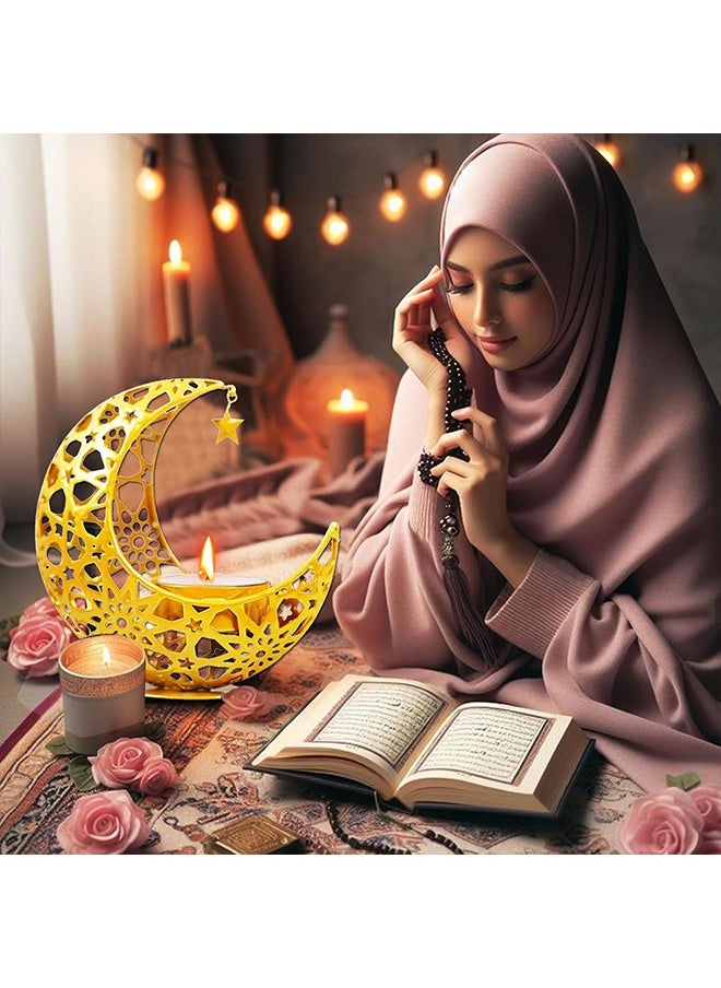 Ramadan Candle Holder, Ramadan Decorations for Home, Moon Shape Decorative Candlestick Holders, Gold Candle Holder for Ramadan Table Decorations