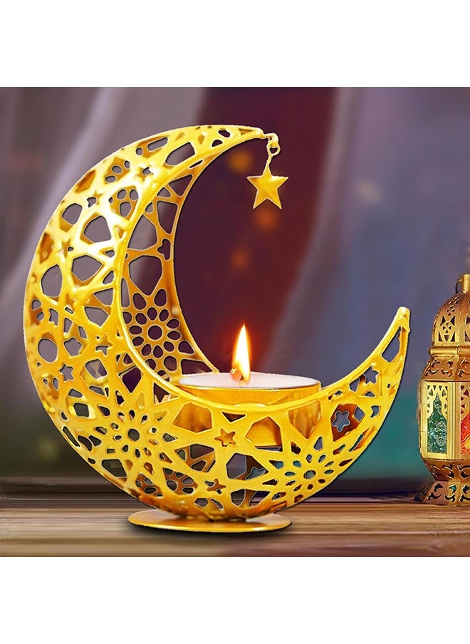 Ramadan Candle Holder, Ramadan Decorations for Home, Moon Shape Decorative Candlestick Holders, Gold Candle Holder for Ramadan Table Decorations