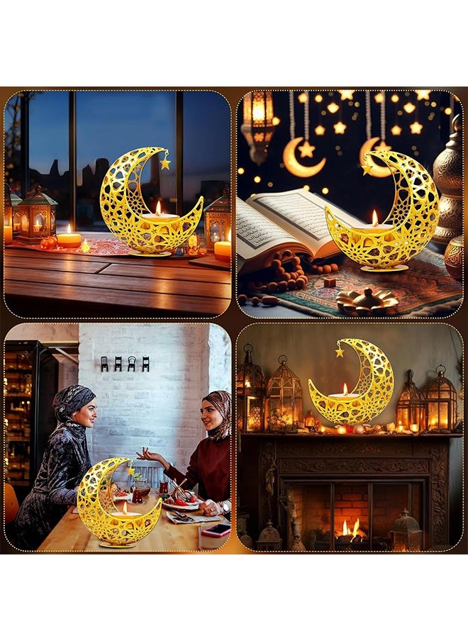 Ramadan Candle Holder, Ramadan Decorations for Home, Moon Shape Decorative Candlestick Holders, Gold Candle Holder for Ramadan Table Decorations