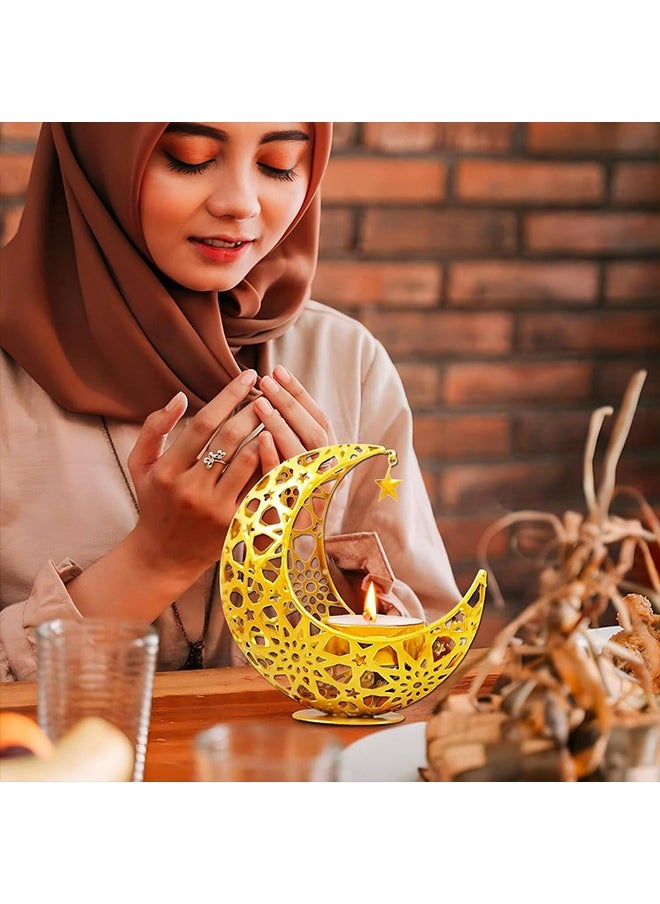 Ramadan Candle Holder, Ramadan Decorations for Home, Moon Shape Decorative Candlestick Holders, Gold Candle Holder for Ramadan Table Decorations
