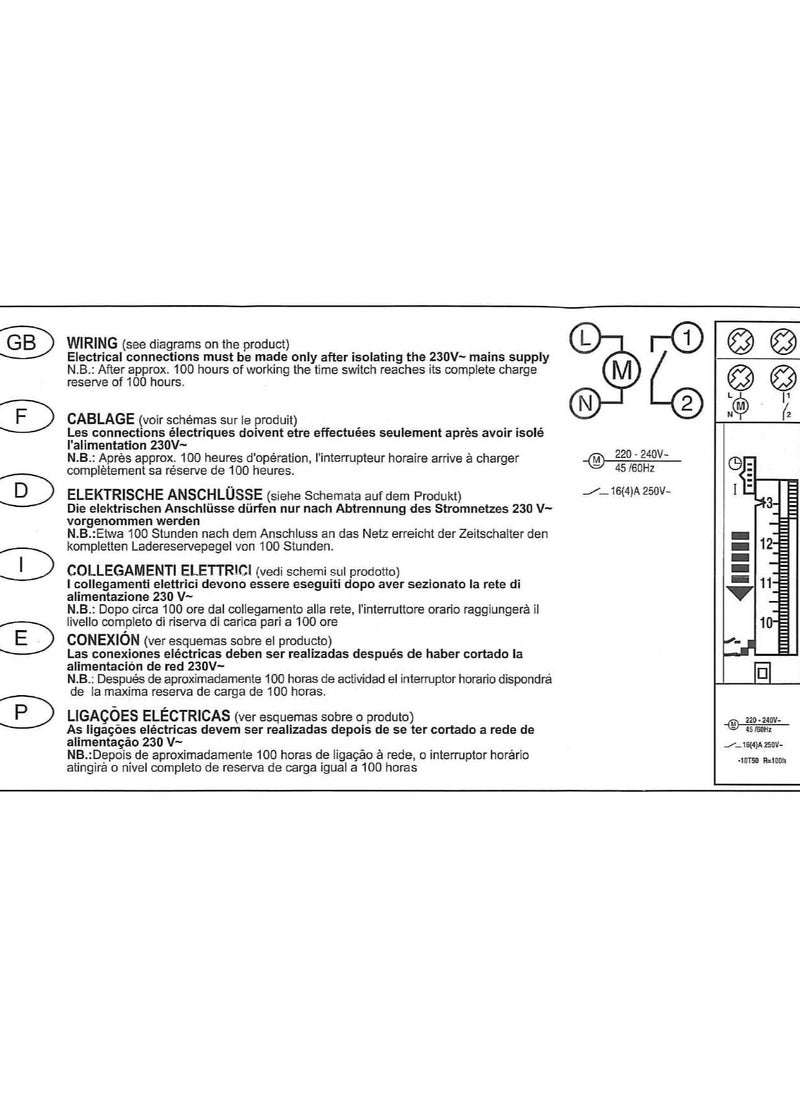 RACO Perry 24-Hour Daily Timer Switch with Tappets & Charge Reserve | 230 VAC, Fixed in Distribution Box, Made in Italy