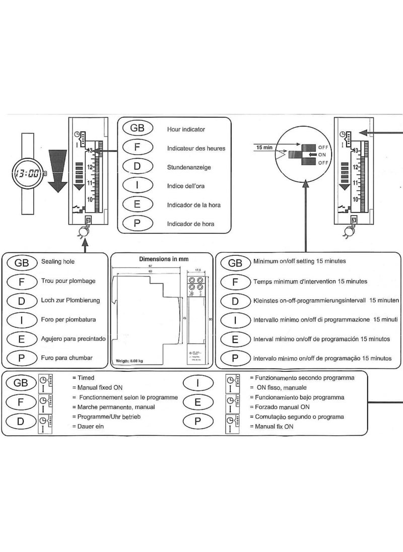 RACO Perry 24-Hour Daily Timer Switch with Tappets & Charge Reserve | 230 VAC, Fixed in Distribution Box, Made in Italy