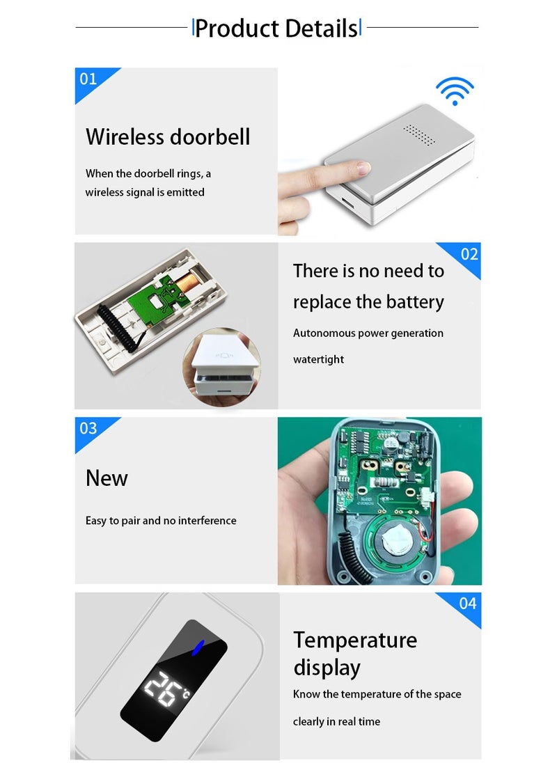 Wireless Waterproof Doorbell with Temperature Display for Office and Home Use