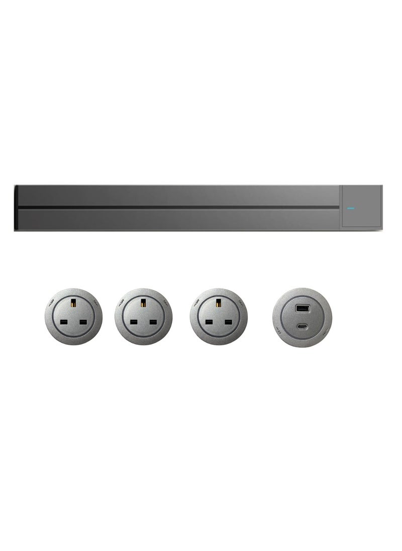 Power Track Socket Wall Mounted Sliding Rail 80cm with 3 AC Universal Outlet adapters, USB-C port charging Wall Outlet,Suitable for Kitchen, Living Room, Study, Office