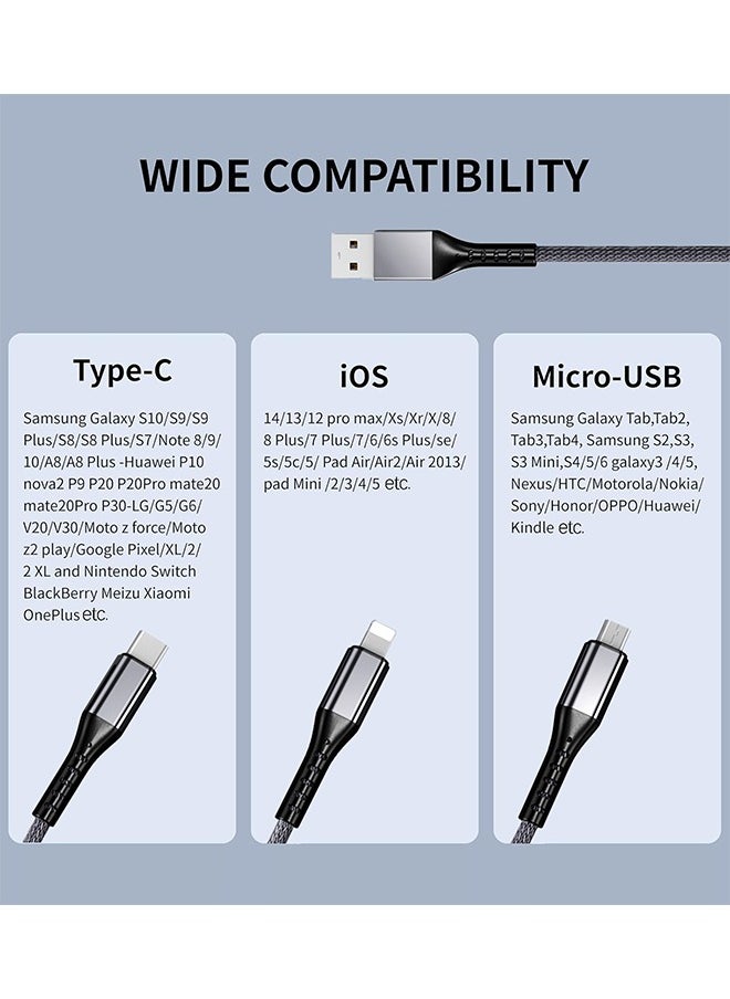 66W Fast Charging Cable, (2 Pack 1.2M) 3 in 1 Charging Cable Nylon Braided Multi Charger Cable for Multiple Devices USB Charging Cord with Type-C, Micro USB, IP Port for Samsung/Huawei/iPhones14/13/12/11 Series/Tablets And More(Grey&Black)