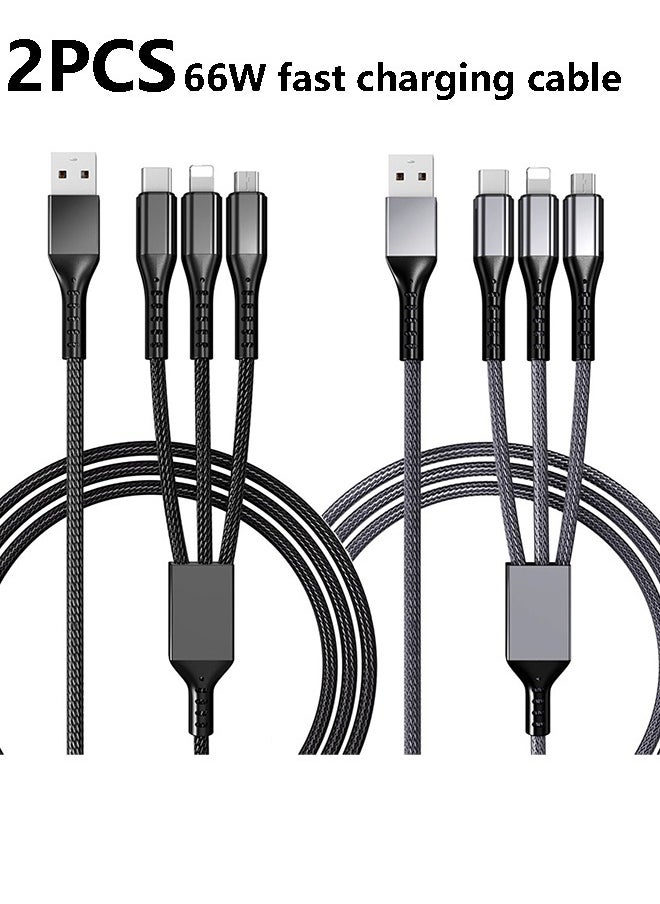 66W Fast Charging Cable, (2 Pack 1.2M) 3 in 1 Charging Cable Nylon Braided Multi Charger Cable for Multiple Devices USB Charging Cord with Type-C, Micro USB, IP Port for Samsung/Huawei/iPhones14/13/12/11 Series/Tablets And More(Grey&Black)