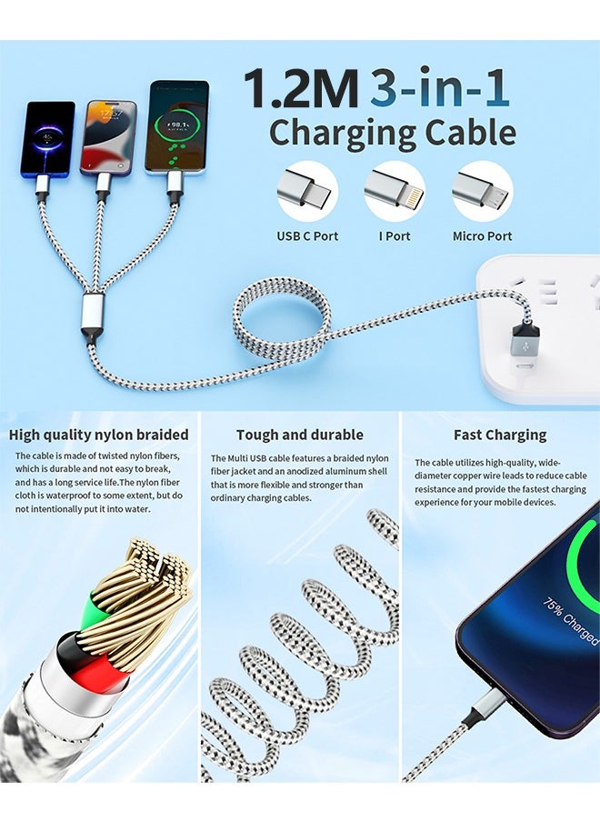 66W Fast Charging Cable, (2 Pack 1.2M) 3 in 1 Charging Cable Nylon Braided Multi Charger Cable for Multiple Devices USB Charging Cord with Type-C, Micro USB, IP Port for Samsung/Huawei/iPhones14/13/12/11 Series/Tablets And More(Grey&Black)