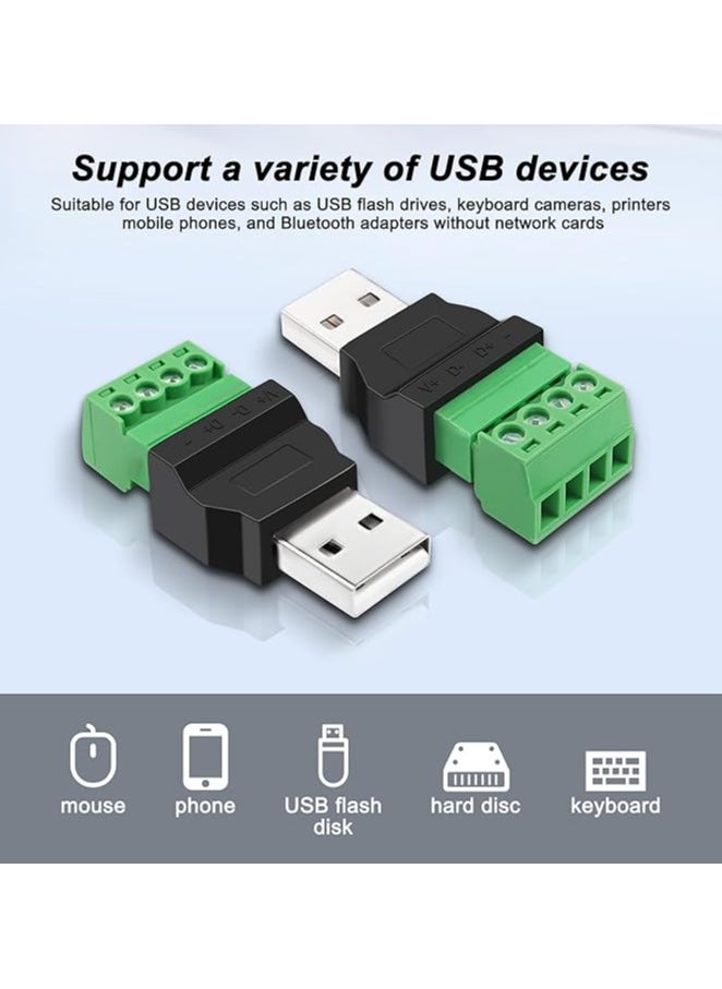 USB Screw Terminal Block Adapter Connector, USB 2.0 A Male Plug, 4 Pin Bolt Solderless Replacement Balun Converter for Charging and Data Transfer (2 Pcs)