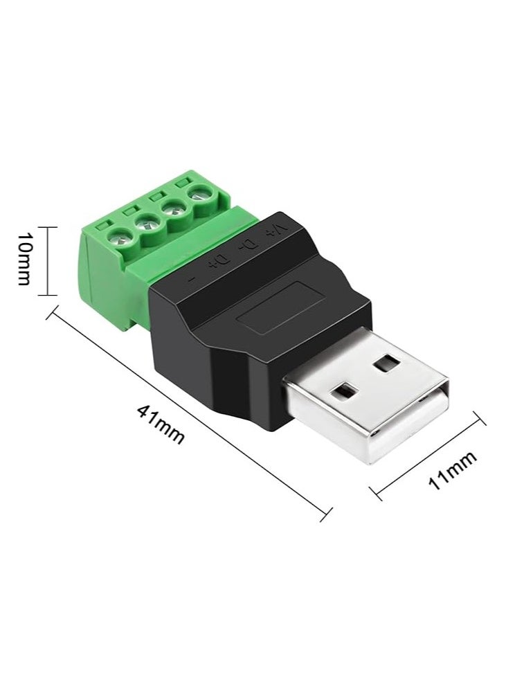 USB Screw Terminal Block Adapter Connector, USB 2.0 A Male Plug, 4 Pin Bolt Solderless Replacement Balun Converter for Charging and Data Transfer (2 Pcs)