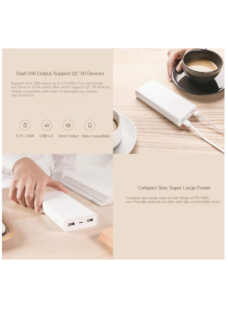 20000mAh 2C Power Bank – High Capacity Portable Charger, Fast Charging, Dual USB Output, White – Ideal for Phones, Tablets, and Laptops