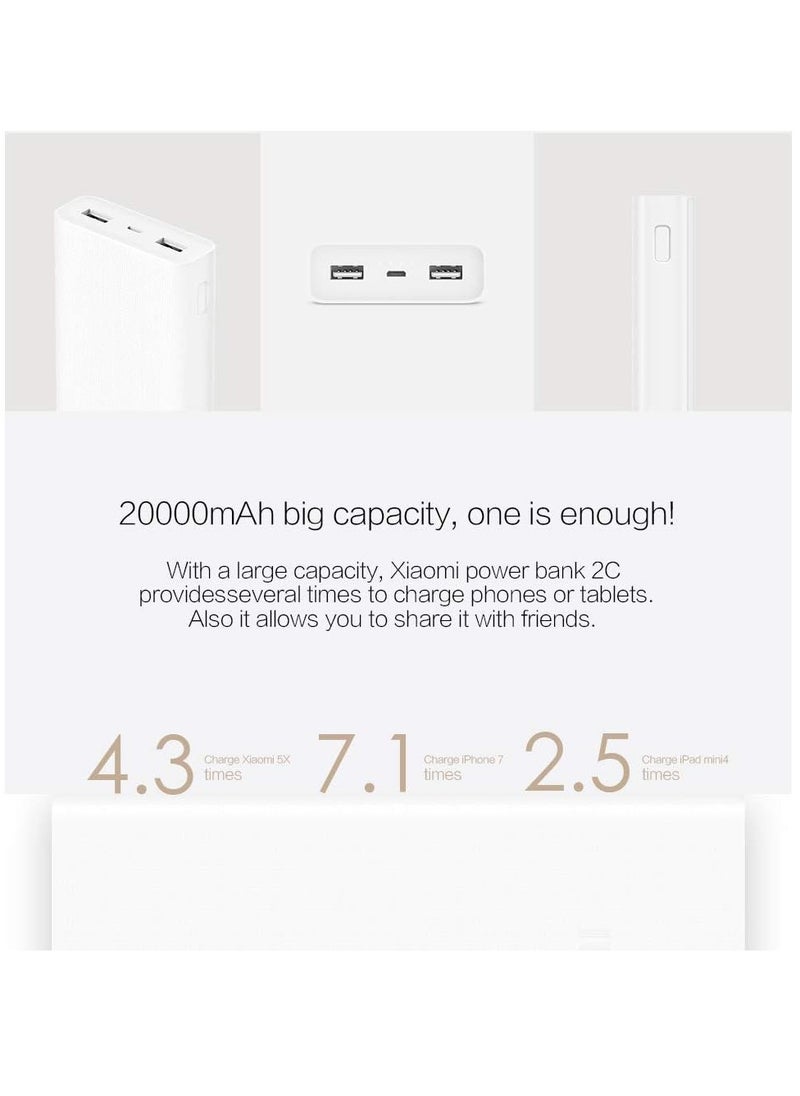 20000mAh 2C Power Bank – High Capacity Portable Charger, Fast Charging, Dual USB Output, White – Ideal for Phones, Tablets, and Laptops