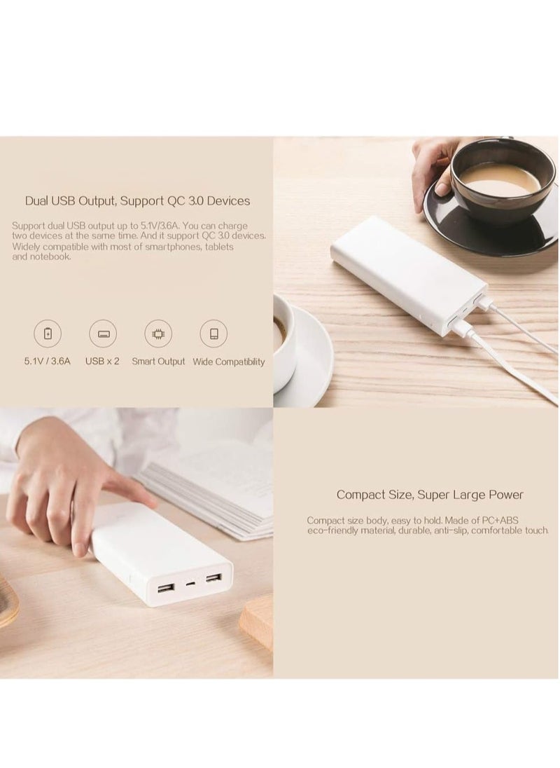 20000mAh 2C Power Bank – High-Capacity Portable Charger, Fast Charging, Compact and Lightweight, White – Ideal for Smartphones, Tablets, and Laptops