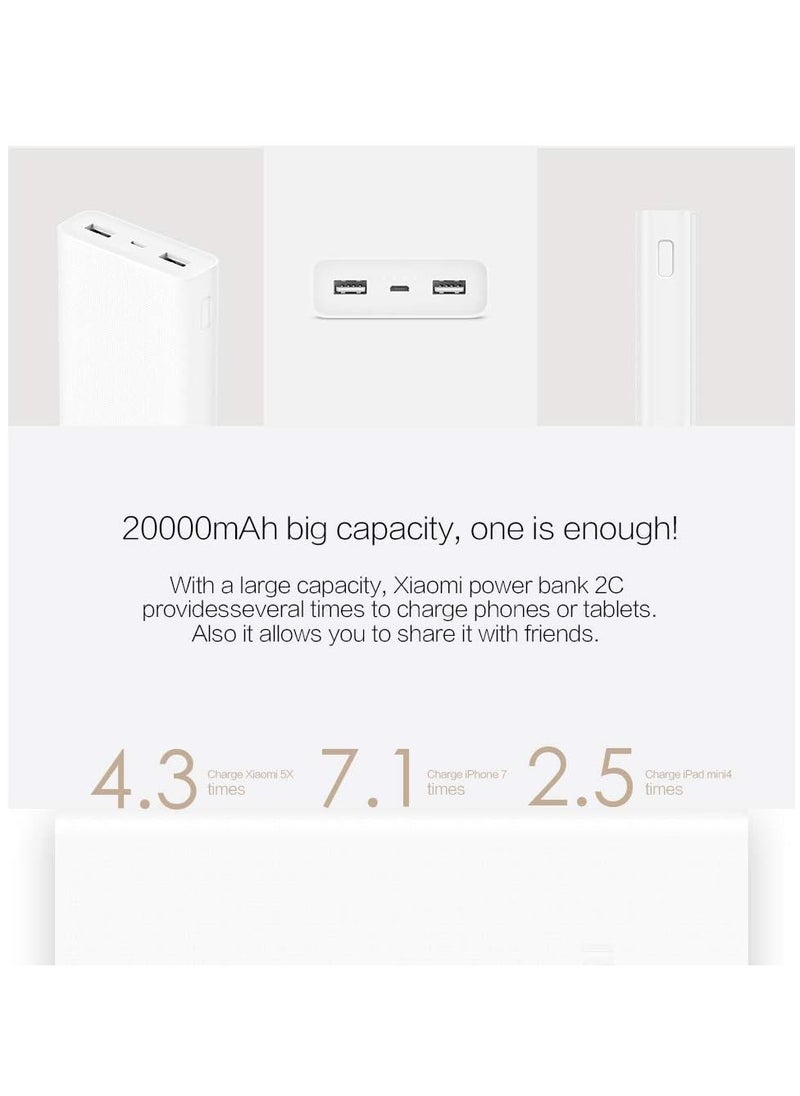 20000mAh 2C Power Bank – High-Capacity Portable Charger, Fast Charging, Compact and Lightweight, White – Ideal for Smartphones, Tablets, and Laptops