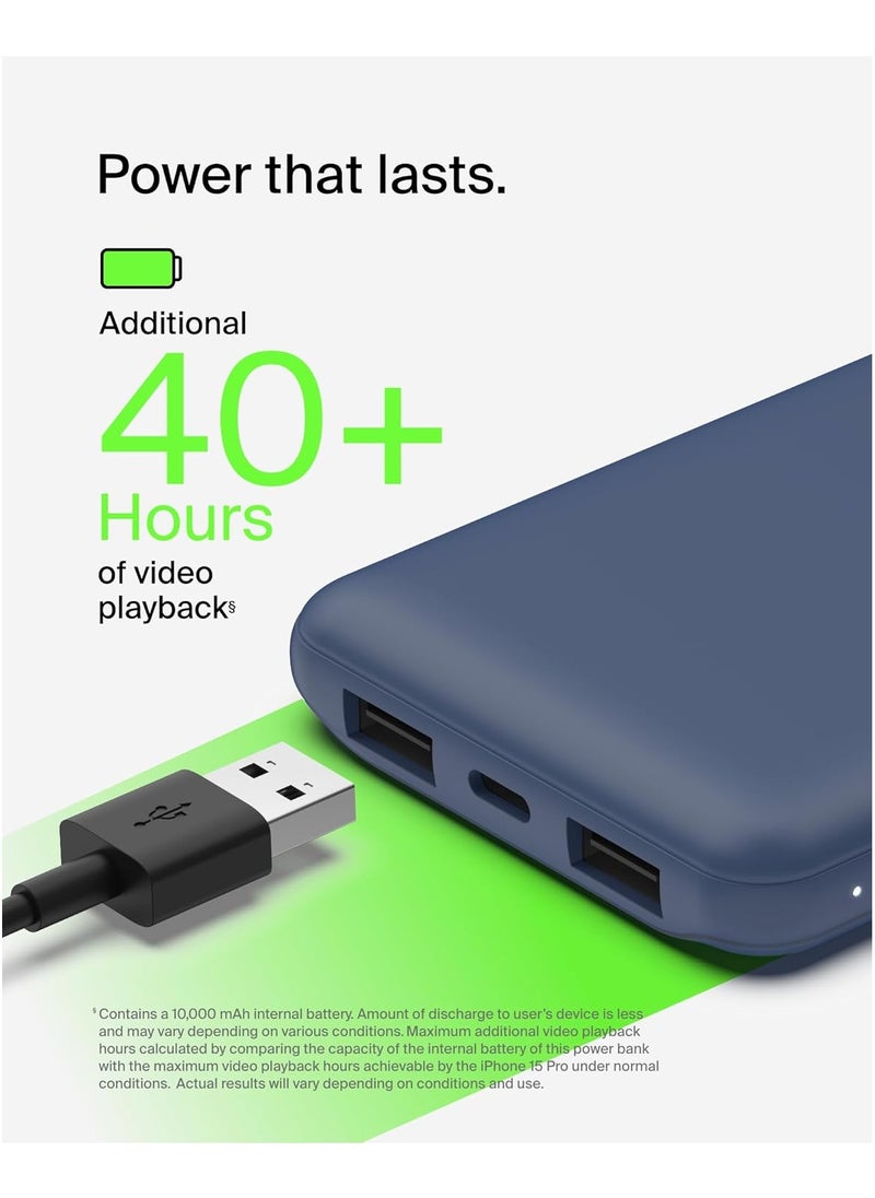 Belkin 10000mAh portable power bank, 10K USB-C portable charger with 1 USB-C port and 2 USB-A ports, battery pack for up to 15W charging for iPhone, Samsung Galaxy, AirPods, iPad, and more – Blue