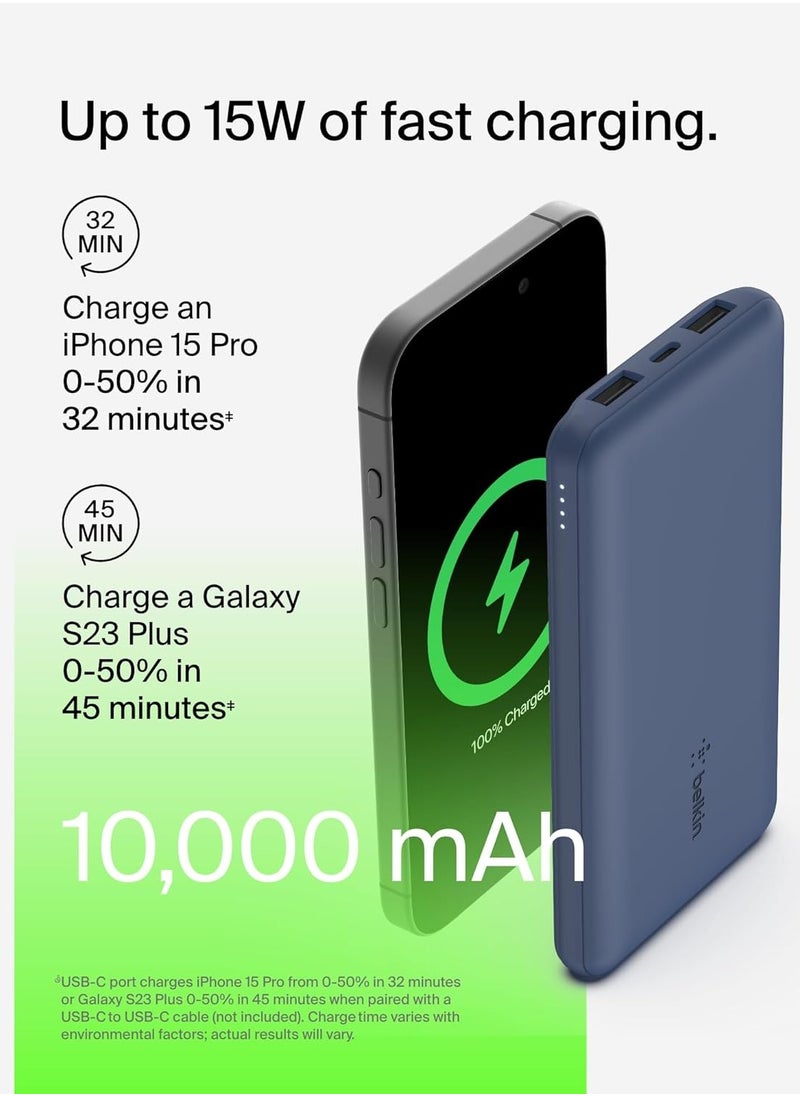 Belkin 10000mAh portable power bank, 10K USB-C portable charger with 1 USB-C port and 2 USB-A ports, battery pack for up to 15W charging for iPhone, Samsung Galaxy, AirPods, iPad, and more – Blue