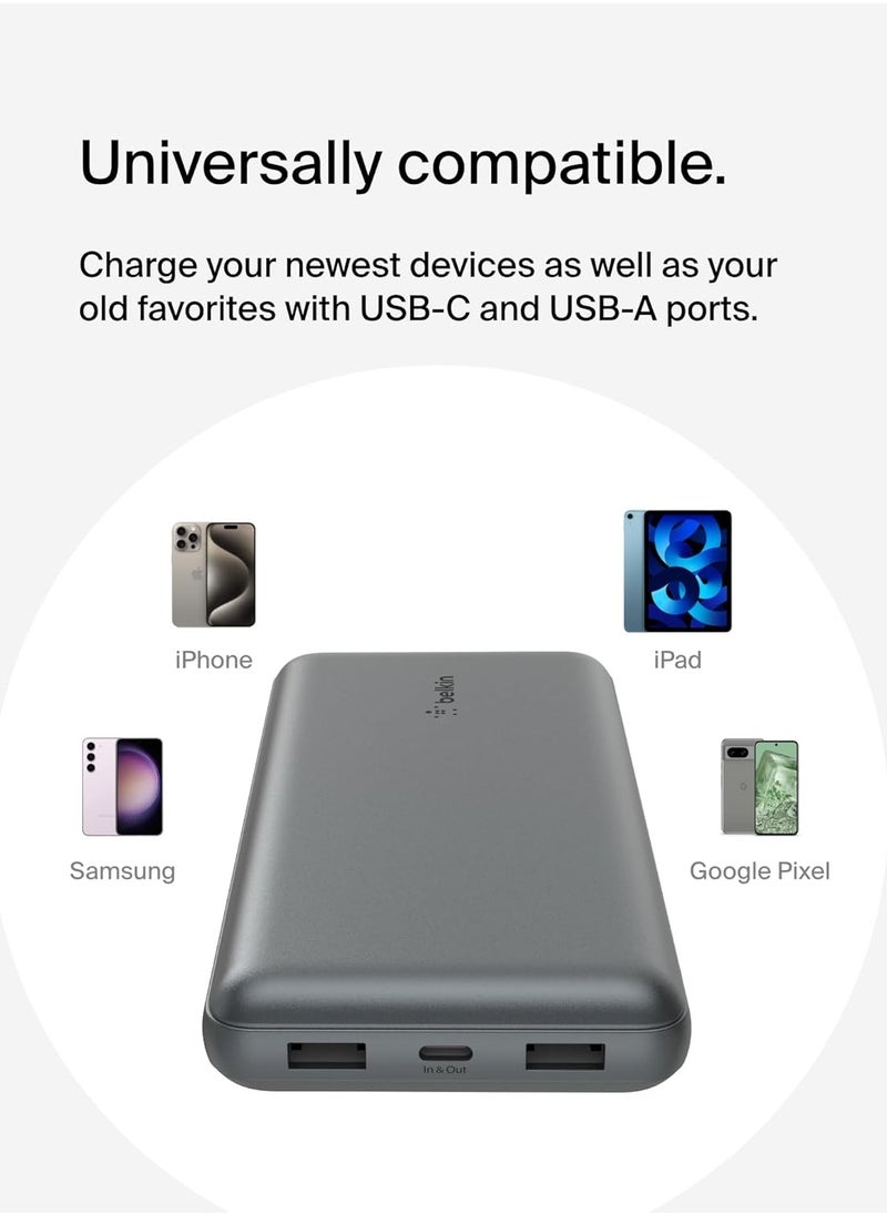 Belkin USB C Portable Charger 20000mAh, 20K Power Bank with USB Type C Input Output Port and 2 USB A Ports with Included USB C to A Cable for iPhone, Galaxy, Pixel, iPad, AirPods and More –Space Gray