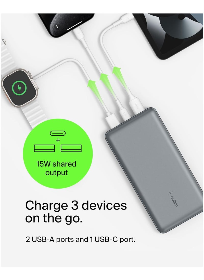 Belkin USB C Portable Charger 20000mAh, 20K Power Bank with USB Type C Input Output Port and 2 USB A Ports with Included USB C to A Cable for iPhone, Galaxy, Pixel, iPad, AirPods and More –Space Gray