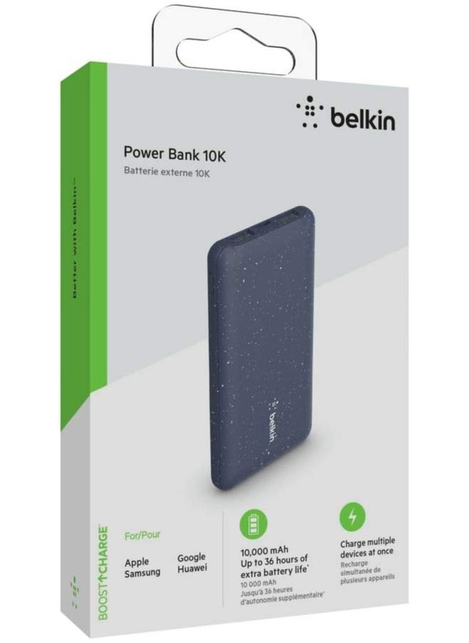 Belkin Slim Lightweight Portable Power Bank Charger 10K (for multiple devices at once through 15W USB-C port, two USB-A ports, 10000mAh Capacity) for iPhone, iPad, AirPods, Samsung, Huawei - Blue