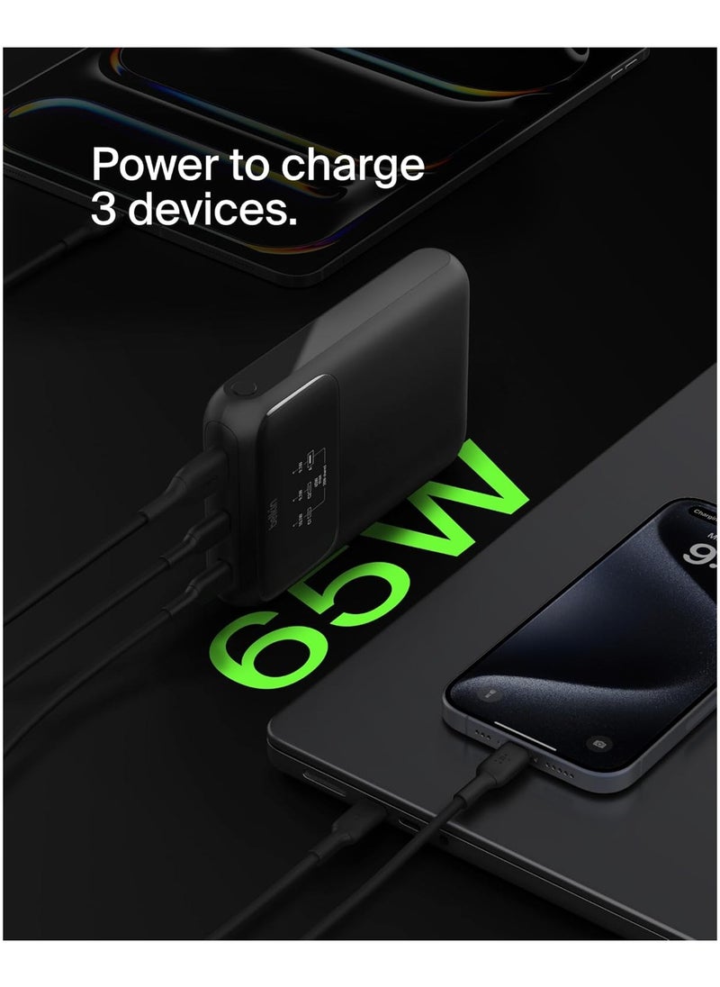 Belkin BoostCharge 3-Port Laptop Power Bank 20K with USB-C & USB-A Ports, Fast Charge USB-C Power Delivery, Portable Charger for MacBook, iPhone 16 Series, iPad Pro, Galaxy S24 & More - Black