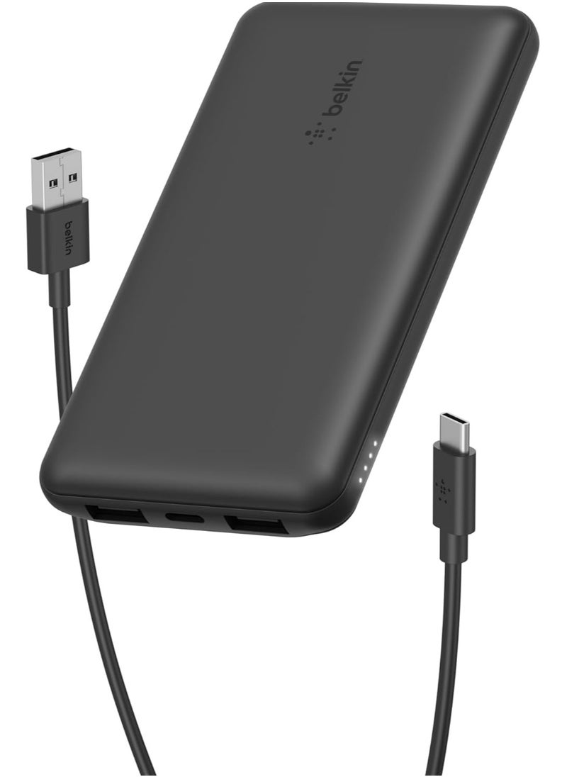 Belkin 10000mAh portable power bank, 10K USB-C portable charger with 1 USB-C port and 2 USB-A ports, battery pack for up to 15W charging for iPhone, Samsung Galaxy, AirPods, iPad, and more – Black