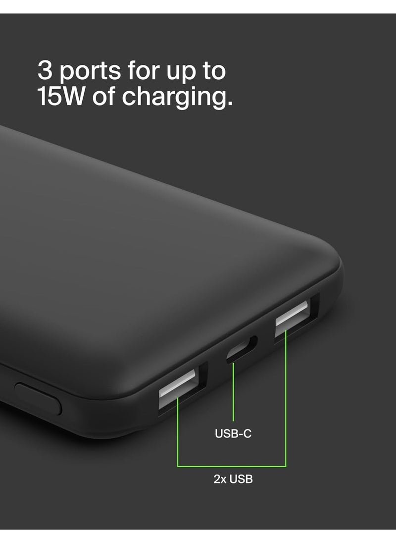 Belkin 10000mAh portable power bank, 10K USB-C portable charger with 1 USB-C port and 2 USB-A ports, battery pack for up to 15W charging for iPhone, Samsung Galaxy, AirPods, iPad, and more – Black