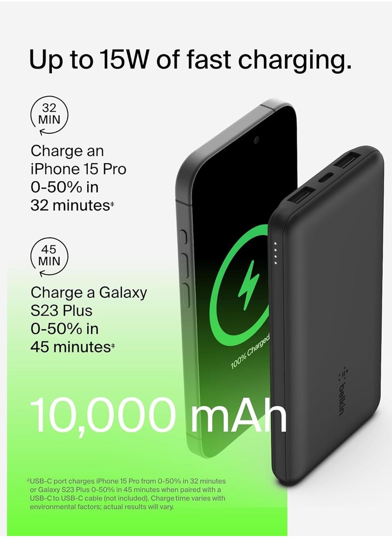 Belkin 10000mAh portable power bank, 10K USB-C portable charger with 1 USB-C port and 2 USB-A ports, battery pack for up to 15W charging for iPhone, Samsung Galaxy, AirPods, iPad, and more – Black