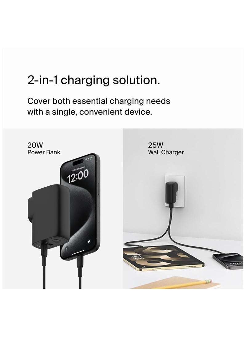 Belkin BoostCharge Hybrid Wall Charger 25W + Power Bank 5000mAh, 2-in-1 Portable Charger with USB-C PD3.0 Port & USB-A Port, Dual-Port Battery Pack, USB-C Charger, USB Plug + USB-C to USB-C Cable