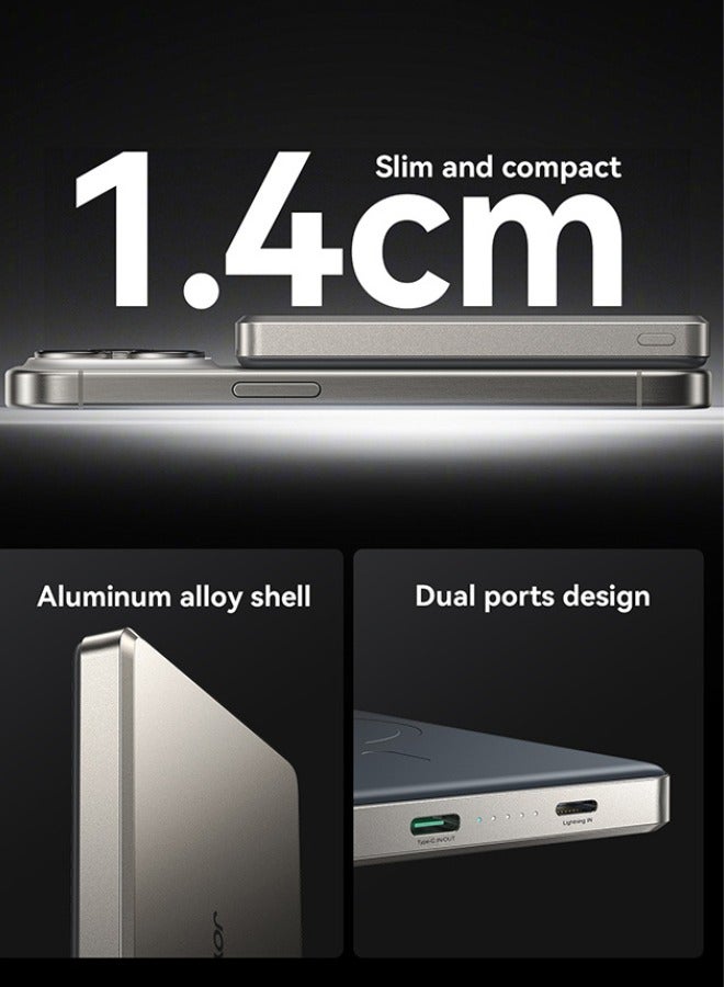 10000 mAh 20W Ultra-thin Metal Magnetic Wireless Type-C & Lighnting Power Bank Fast Charging Wireless Magnetic Power Bank Including a Type-C to Type-C 60W 0.25m Cable Titanium Silver