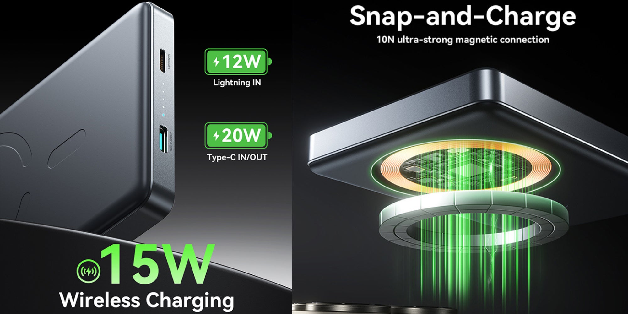10000 mAh 20W Ultra-thin Metal Magnetic Wireless Type-C & Lighnting Power Bank Fast Charging Wireless Magnetic Power Bank Including a Type-C to Type-C 60W 0.25m Cable Titanium Silver